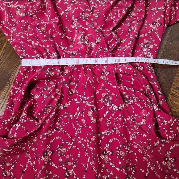 Vintage 80s Red Dainty Floral Cottagecore Deep V-Neck Midi Dress - Picture 13 of 16